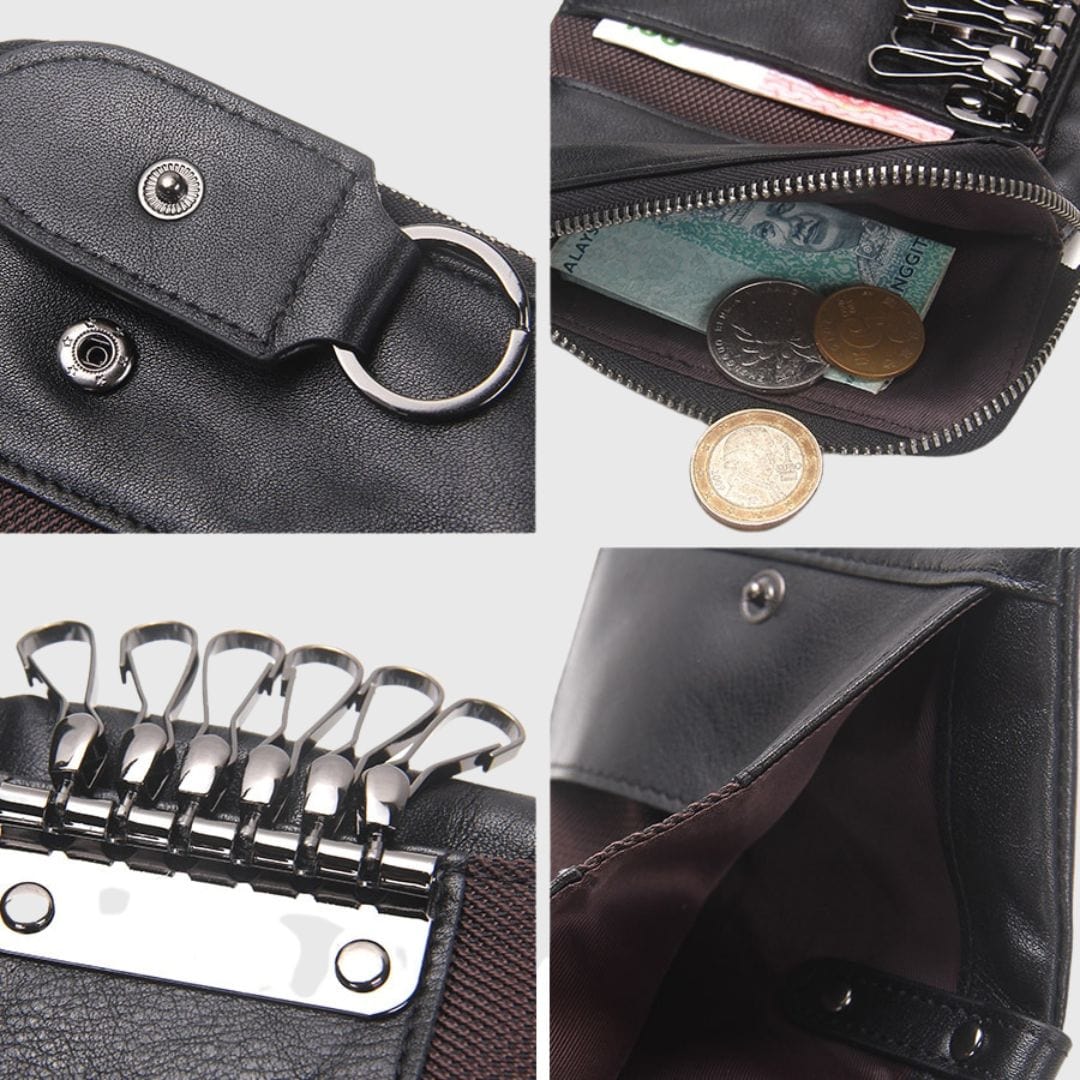 Portefeuille en cuir véritable noir avec crochets à clés pour homme